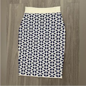 Brixon Ivy Women’s Small Navy Blue Cream Geometric Knit Pencil Skirt Stretch